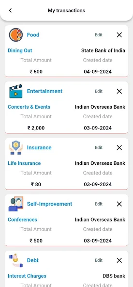BillFoldify transaction list organized by expense category