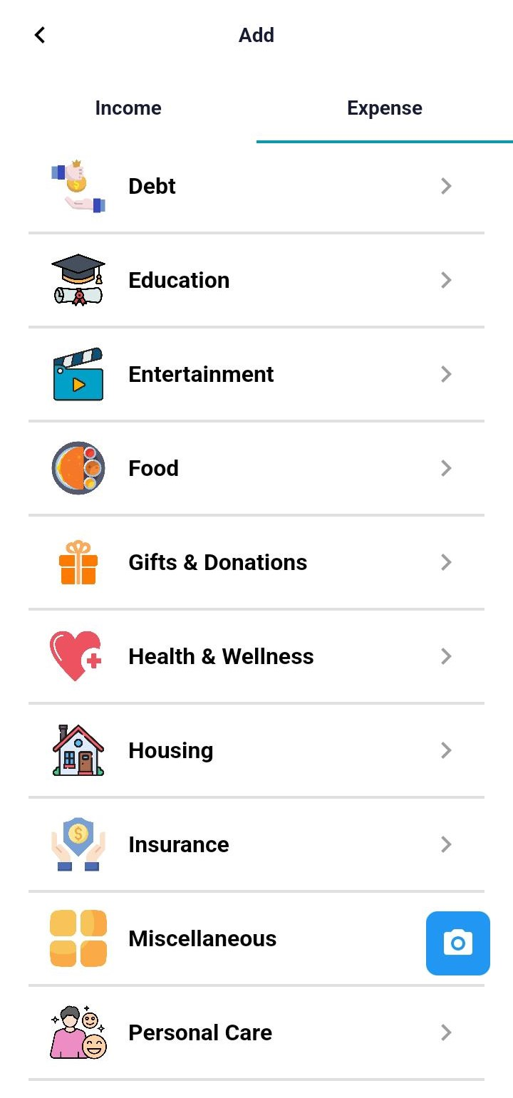 BillFoldify expense entry screen showing customizable categories