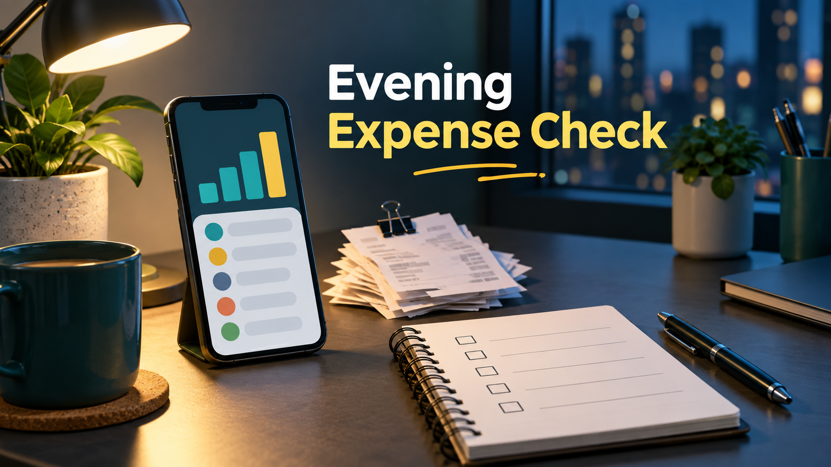 Phone with simple budget bars beside receipts and a blank evening checklist