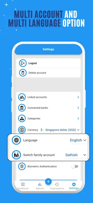 BillFoldify settings screen showing linked accounts, currency, language, and family account controls