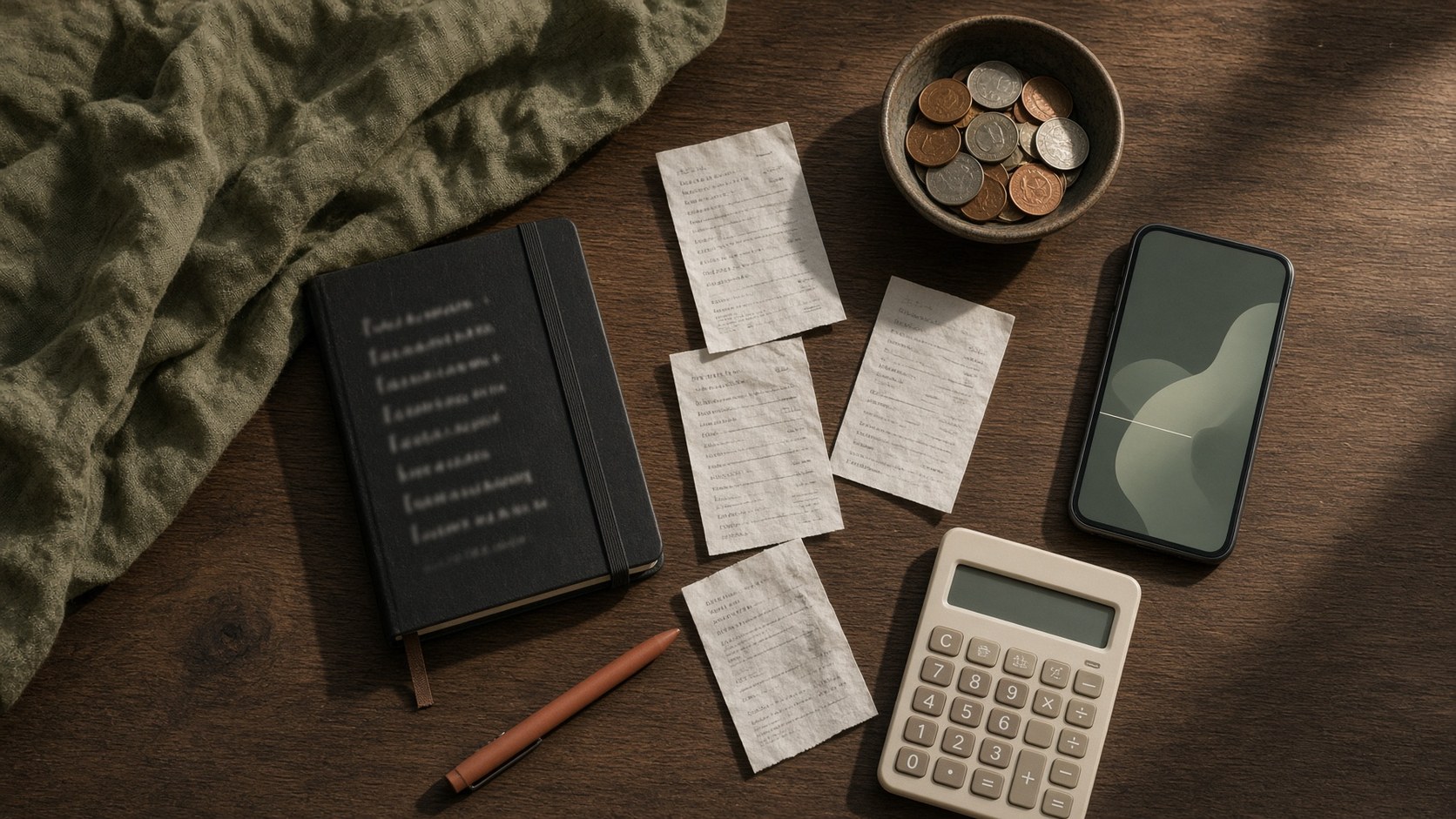 Notebook, receipts, coins, calculator, and a phone laid out on a wooden desk for a first money setup