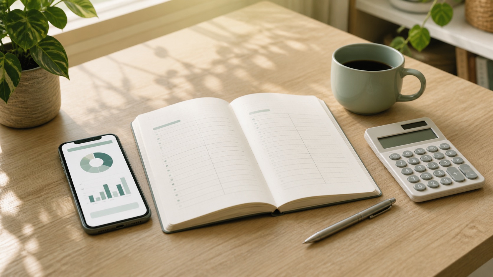 Notebook, calculator, and phone arranged for monthly budget planning