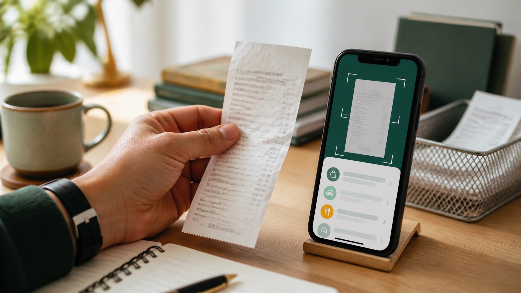 Person holding a receipt beside a phone prepared to scan the document