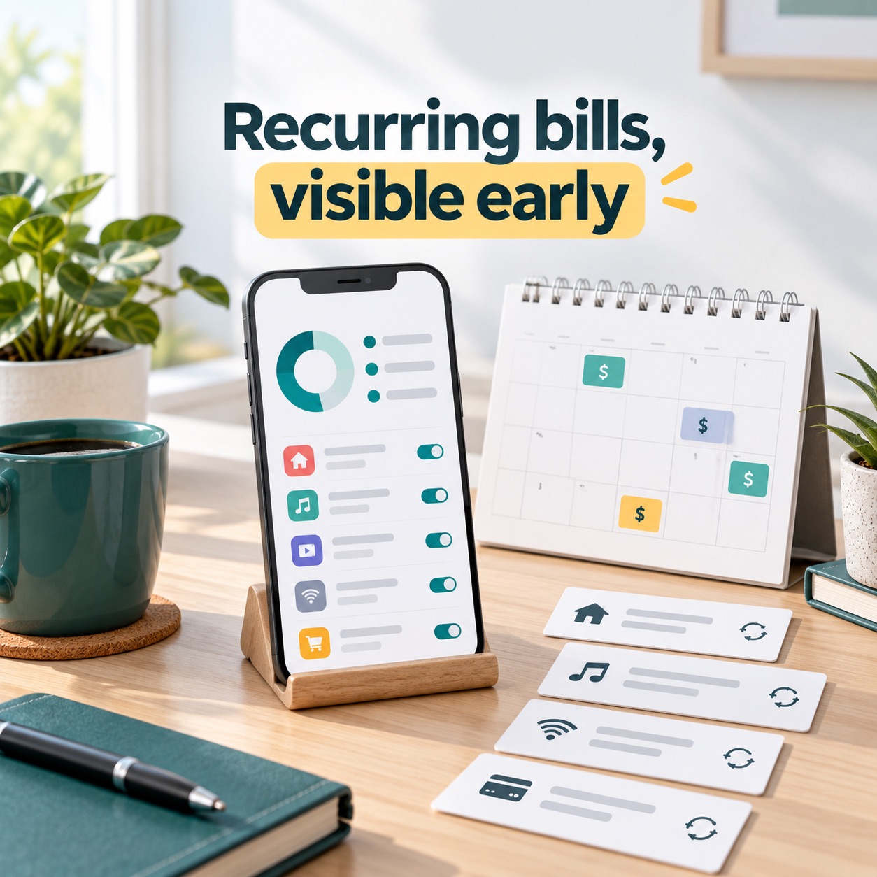 Desk with a phone-style budgeting interface, calendar, and recurring bill cards under the words Recurring bills, visible early