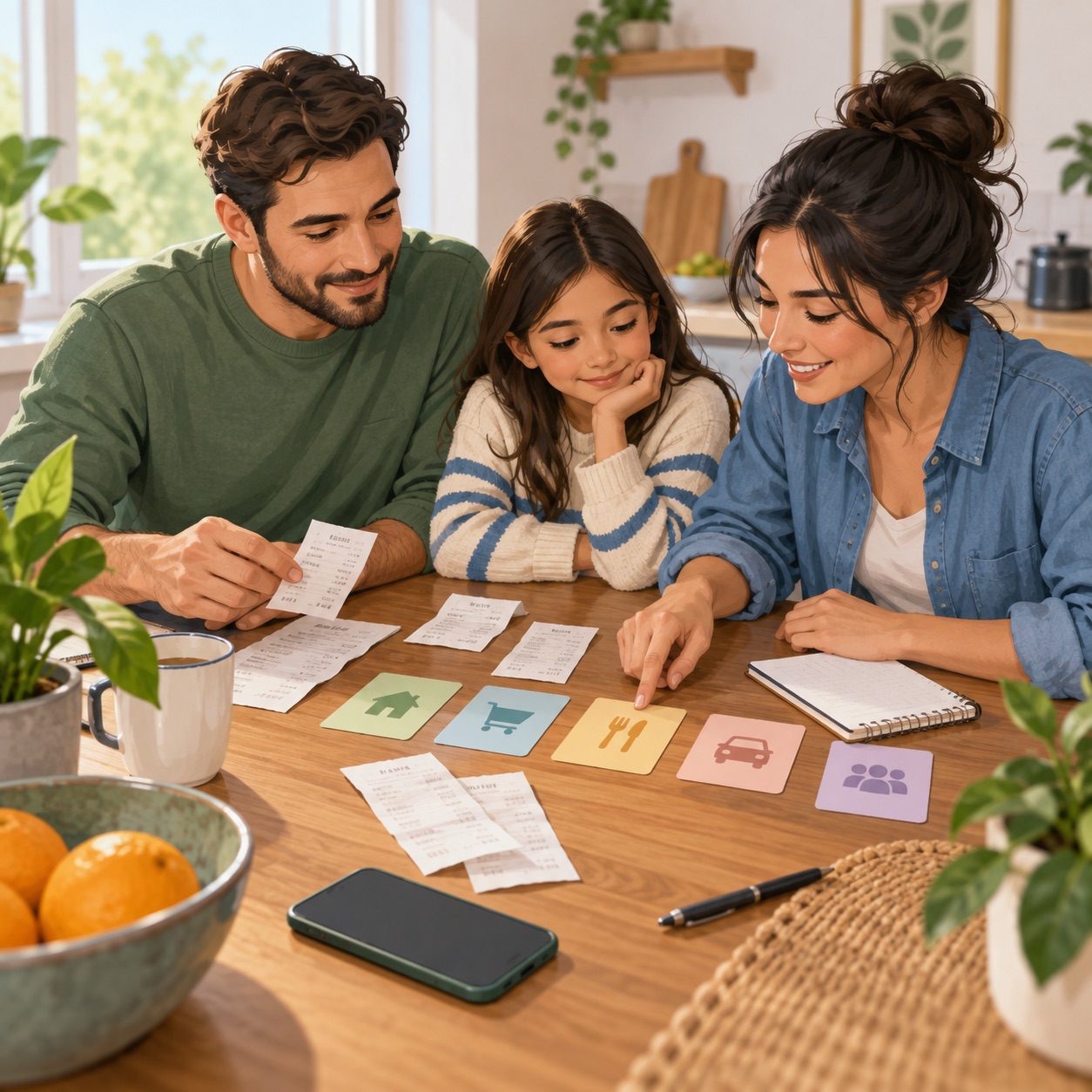 Family reviewing receipts and spending categories together at a kitchen table
