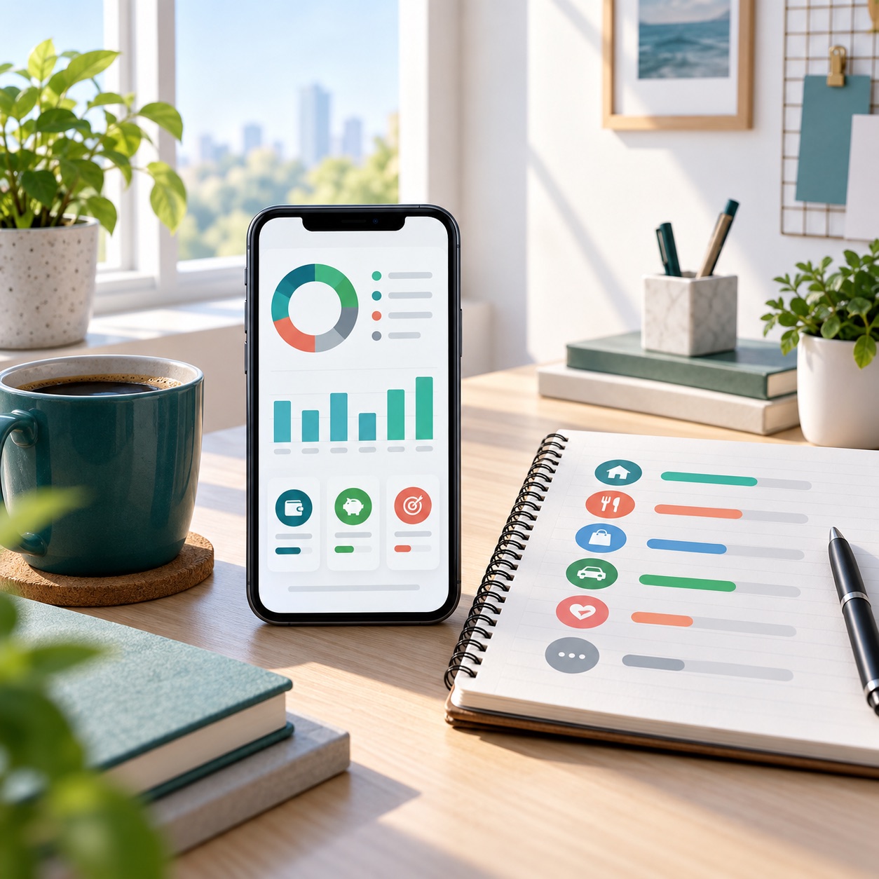 Bright desk with a phone showing abstract budget charts beside a notebook for weekly planning