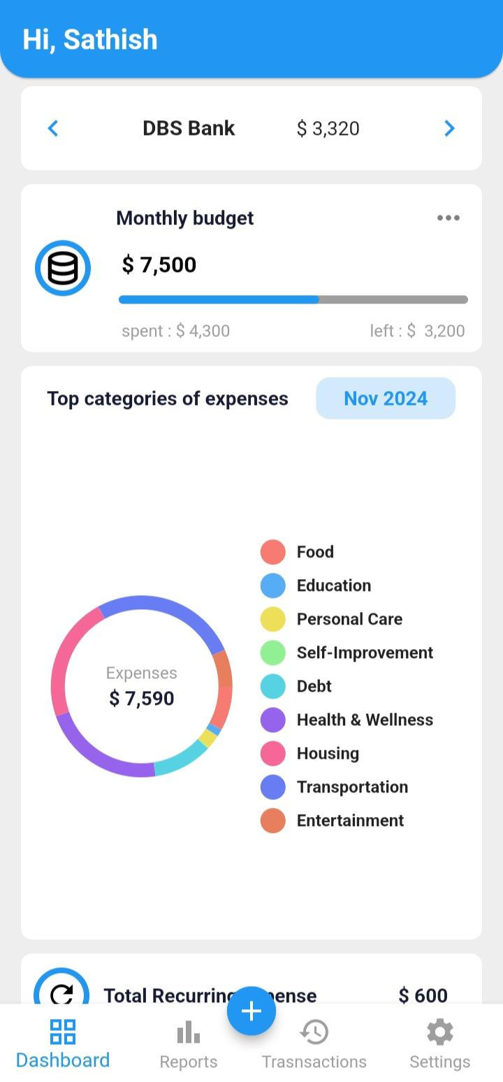 BillFoldify dashboard showing a monthly budget and spending by category
